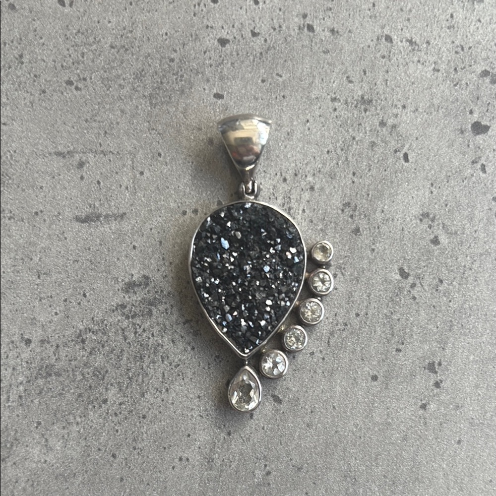Black Druzy Teardrop and Sterling Silver Crystal Pendant